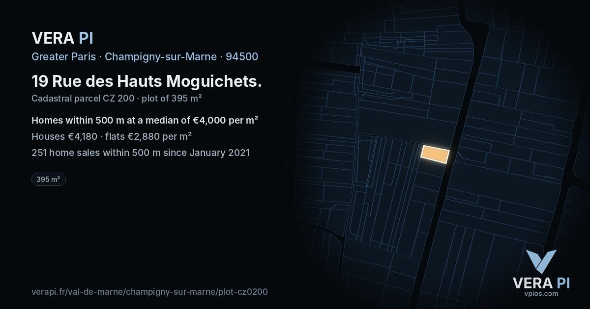19 Rue des Hauts Moguichets, Champigny-sur-Marne at night – the plot lit, the parcels around coloured by the prices near them