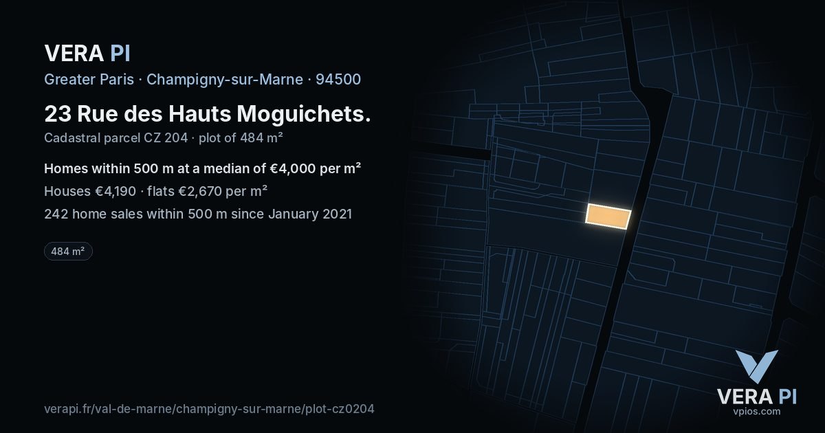23 Rue des Hauts Moguichets, Champigny-sur-Marne at night – the plot lit, the parcels around coloured by the prices near them