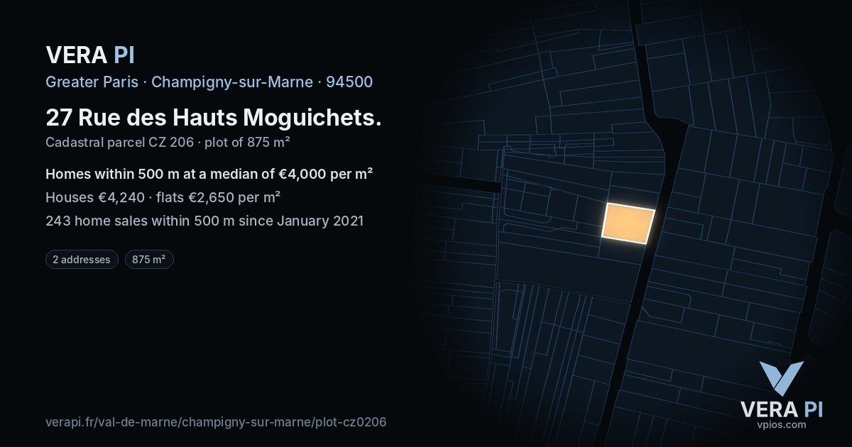 27 Rue des Hauts Moguichets, Champigny-sur-Marne at night – the plot lit, the parcels around coloured by the prices near them