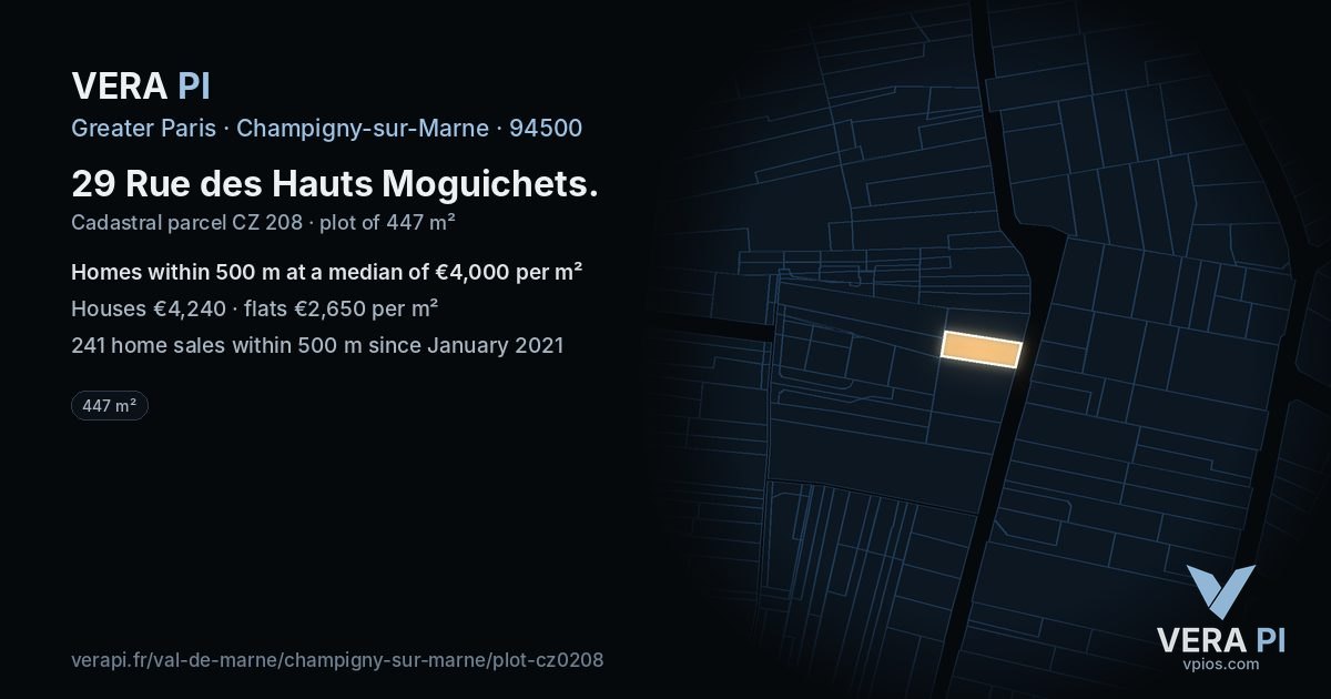 29 Rue des Hauts Moguichets, Champigny-sur-Marne at night – the plot lit, the parcels around coloured by the prices near them