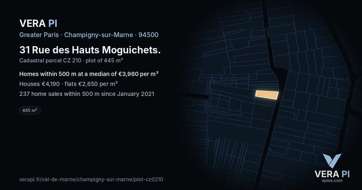 31 Rue des Hauts Moguichets, Champigny-sur-Marne at night – the plot lit, the parcels around coloured by the prices near them