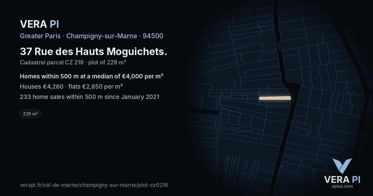37 Rue des Hauts Moguichets, Champigny-sur-Marne at night – the plot lit, the parcels around coloured by the prices near them