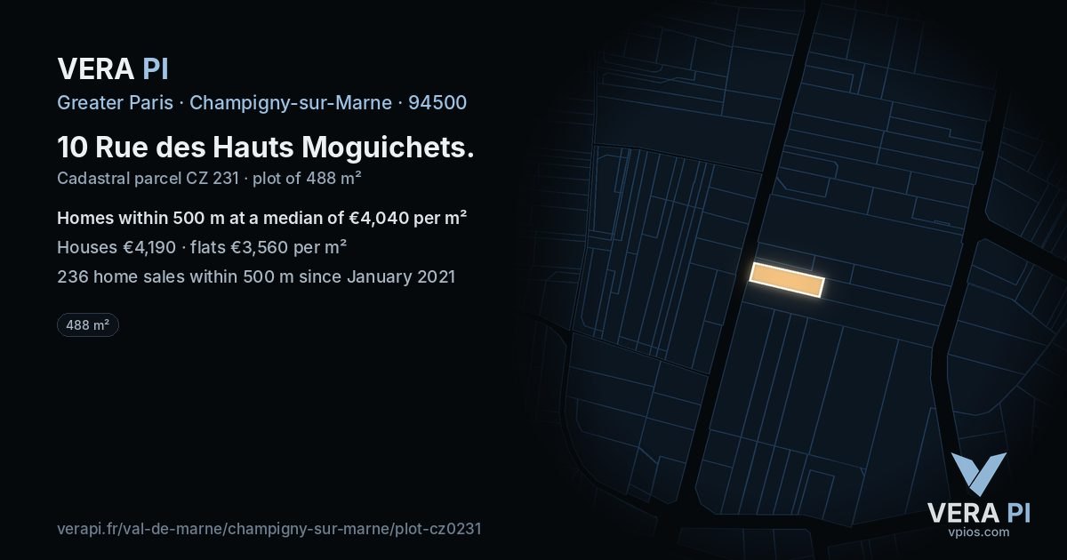 10 Rue des Hauts Moguichets, Champigny-sur-Marne at night – the plot lit, the parcels around coloured by the prices near them