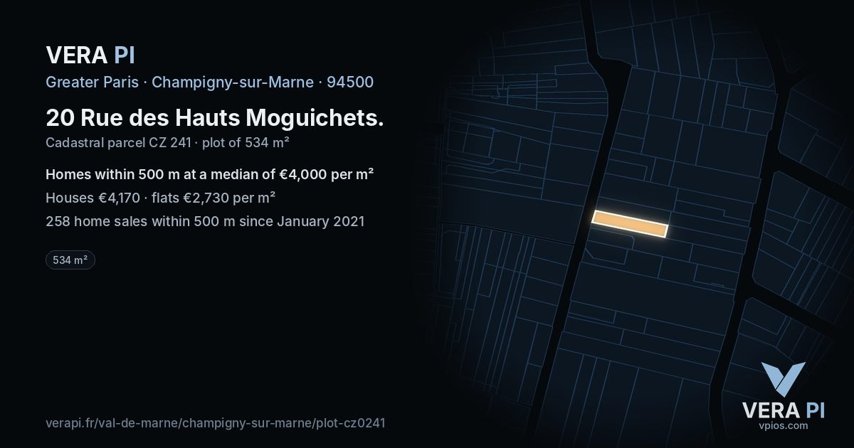 20 Rue des Hauts Moguichets, Champigny-sur-Marne at night – the plot lit, the parcels around coloured by the prices near them