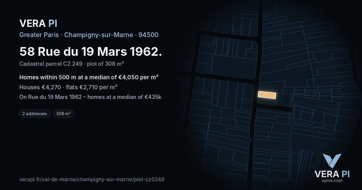 58 Rue du 19 Mars 1962, Champigny-sur-Marne at night – the plot lit, the parcels around coloured by the prices near them