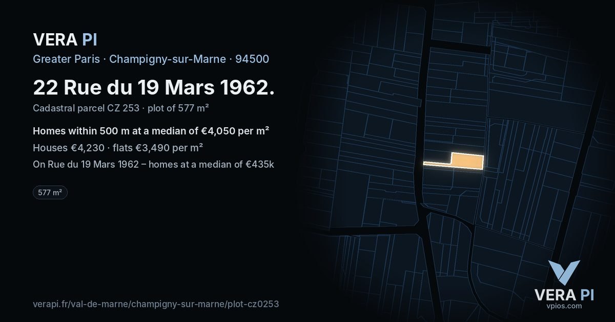 22 Rue du 19 Mars 1962, Champigny-sur-Marne at night – the plot lit, the parcels around coloured by the prices near them