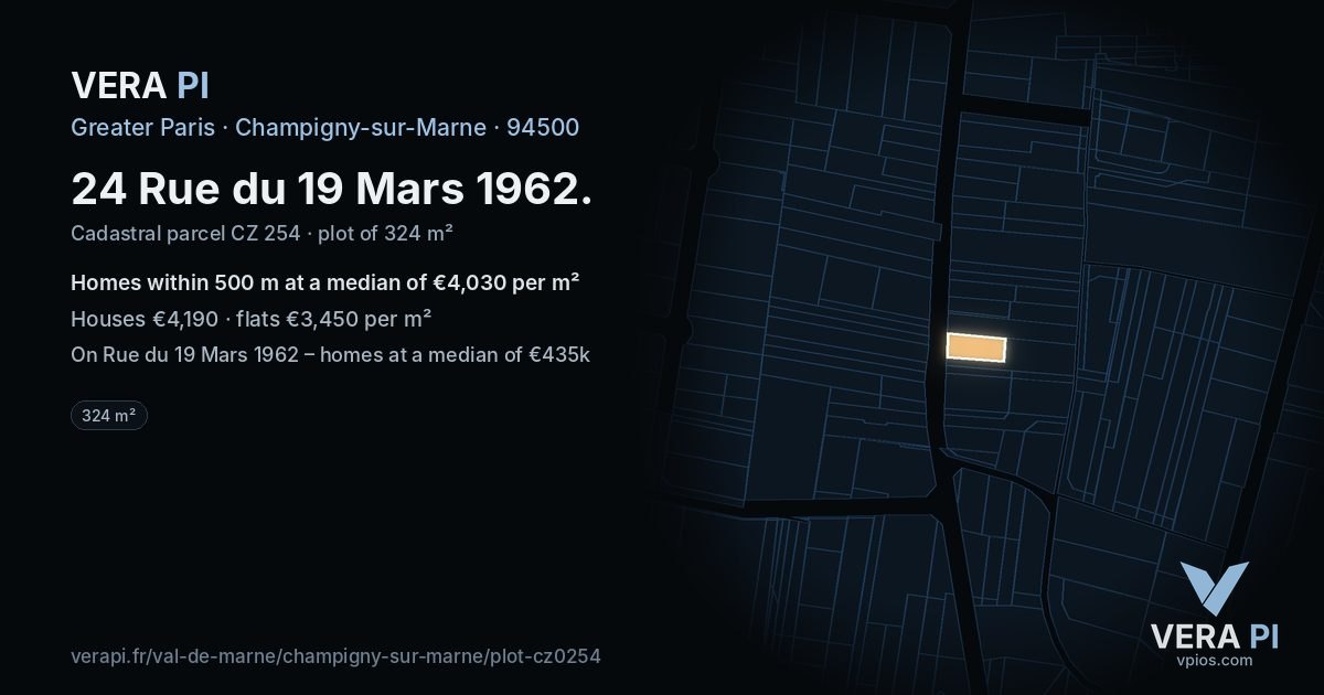 24 Rue du 19 Mars 1962, Champigny-sur-Marne at night – the plot lit, the parcels around coloured by the prices near them