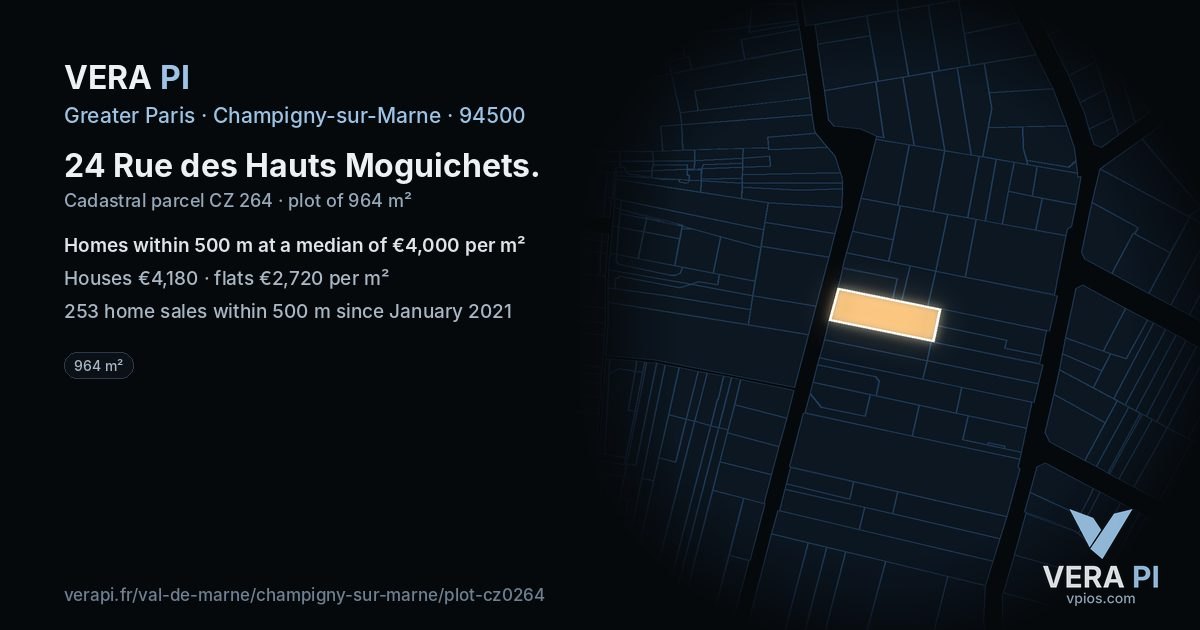 24 Rue des Hauts Moguichets, Champigny-sur-Marne at night – the plot lit, the parcels around coloured by the prices near them