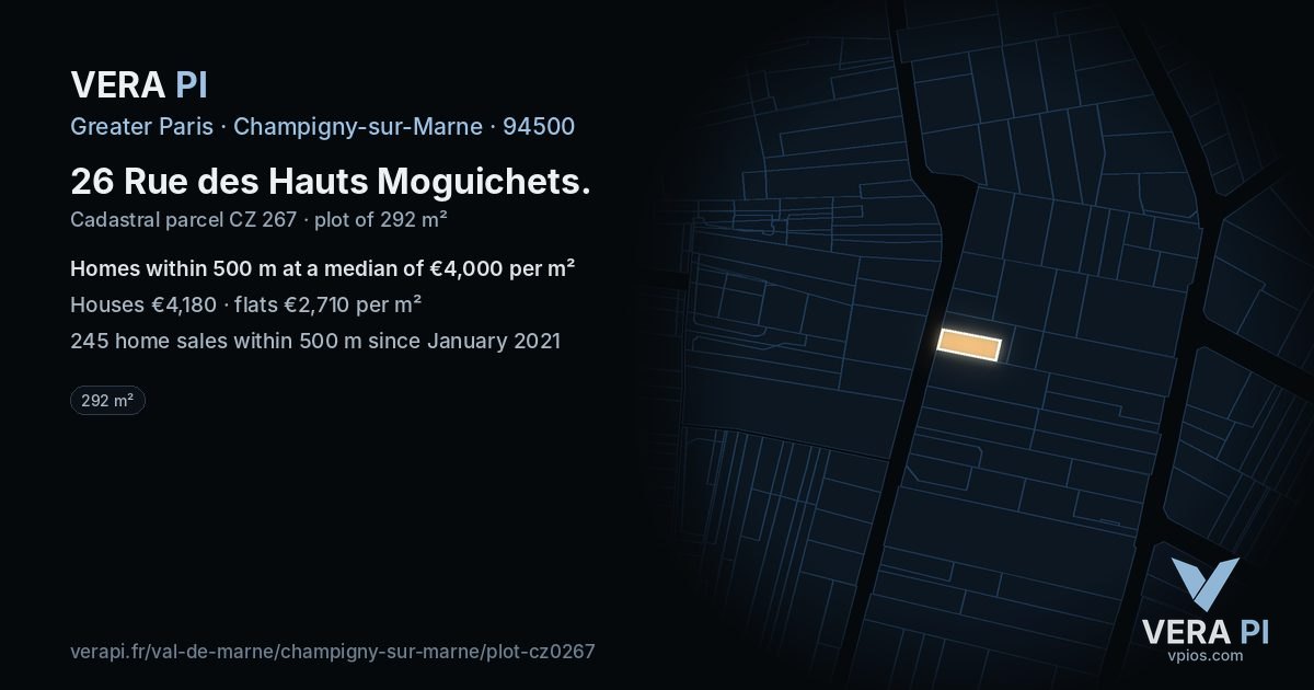 26 Rue des Hauts Moguichets, Champigny-sur-Marne at night – the plot lit, the parcels around coloured by the prices near them