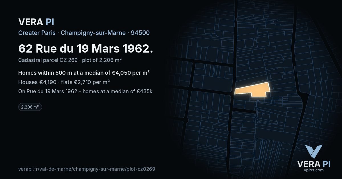 62 Rue du 19 Mars 1962, Champigny-sur-Marne at night – the plot lit, the parcels around coloured by the prices near them