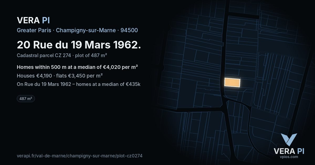 20 Rue du 19 Mars 1962, Champigny-sur-Marne at night – the plot lit, the parcels around coloured by the prices near them