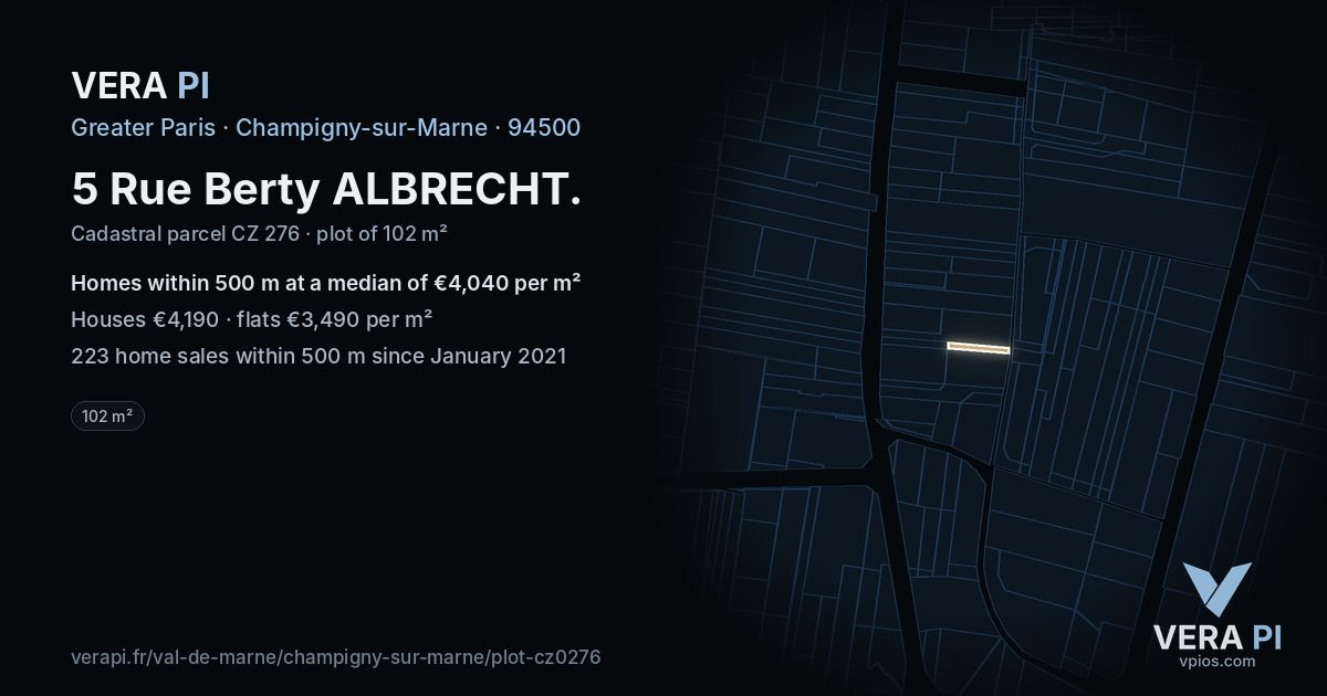 5 Rue Berty ALBRECHT, Champigny-sur-Marne at night – the plot lit, the parcels around coloured by the prices near them
