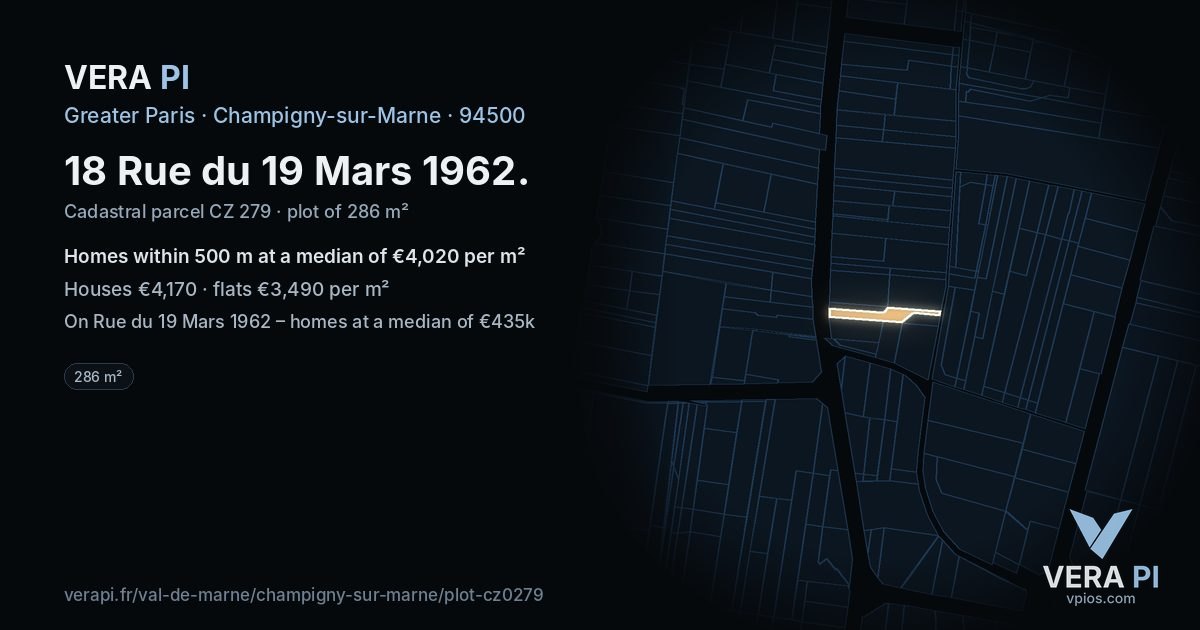 18 Rue du 19 Mars 1962, Champigny-sur-Marne at night – the plot lit, the parcels around coloured by the prices near them