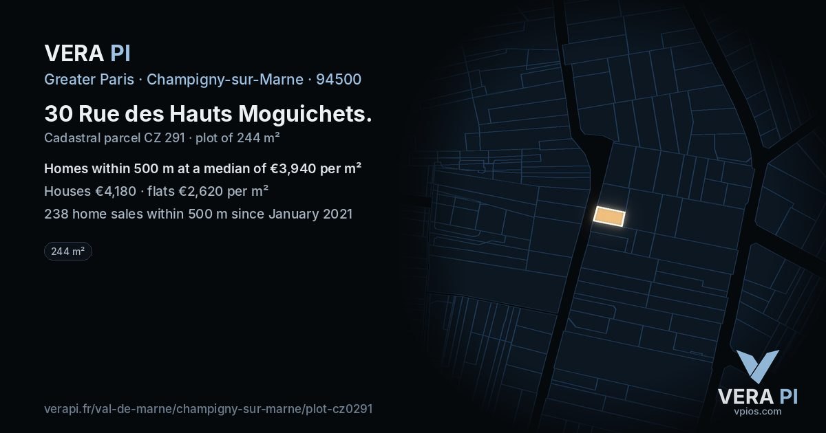 30 Rue des Hauts Moguichets, Champigny-sur-Marne at night – the plot lit, the parcels around coloured by the prices near them
