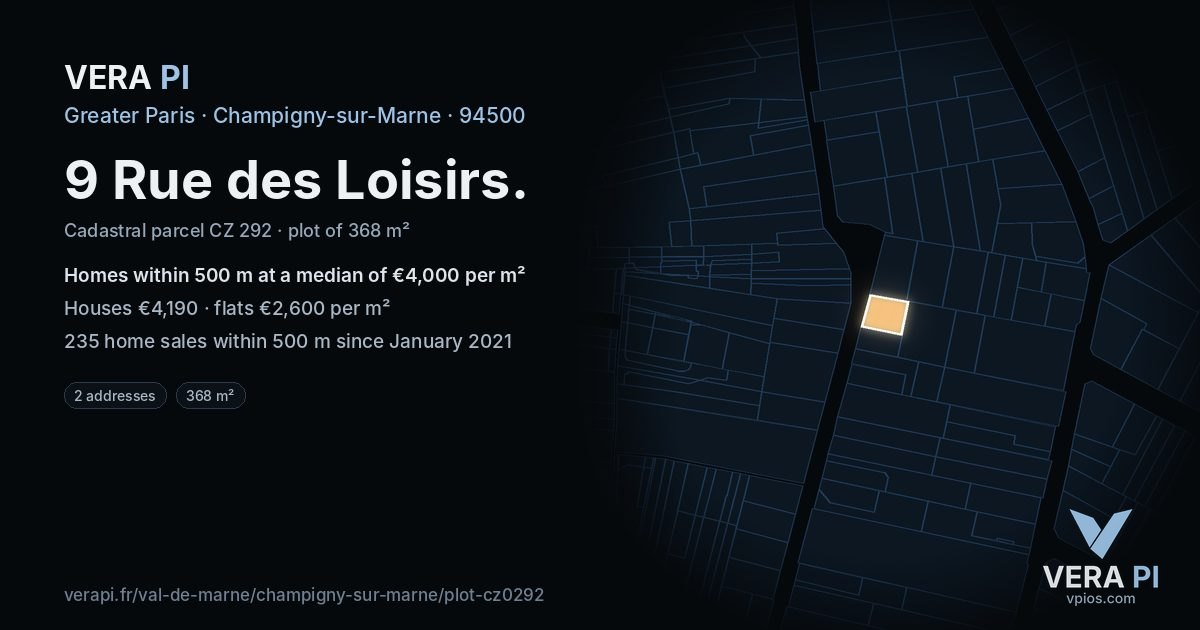 9 Rue des Loisirs, Champigny-sur-Marne at night – the plot lit, the parcels around coloured by the prices near them