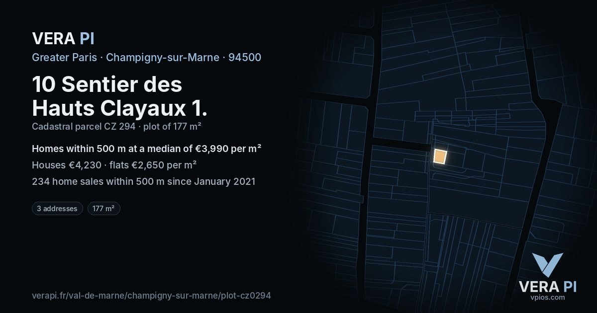 10 Sentier des Hauts Clayaux 1, Champigny-sur-Marne at night – the plot lit, the parcels around coloured by the prices near them