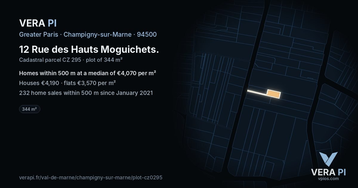 12 Rue des Hauts Moguichets, Champigny-sur-Marne at night – the plot lit, the parcels around coloured by the prices near them
