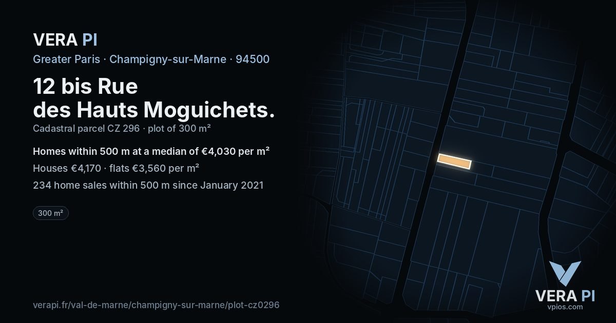 12 bis Rue des Hauts Moguichets, Champigny-sur-Marne at night – the plot lit, the parcels around coloured by the prices near them