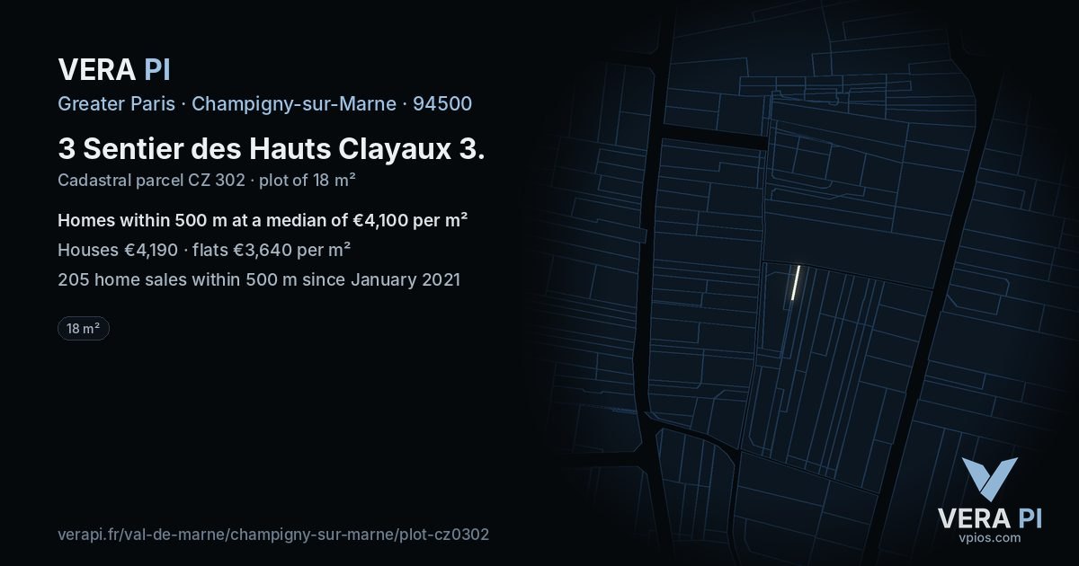 3 Sentier des Hauts Clayaux 3, Champigny-sur-Marne at night – the plot lit, the parcels around coloured by the prices near them