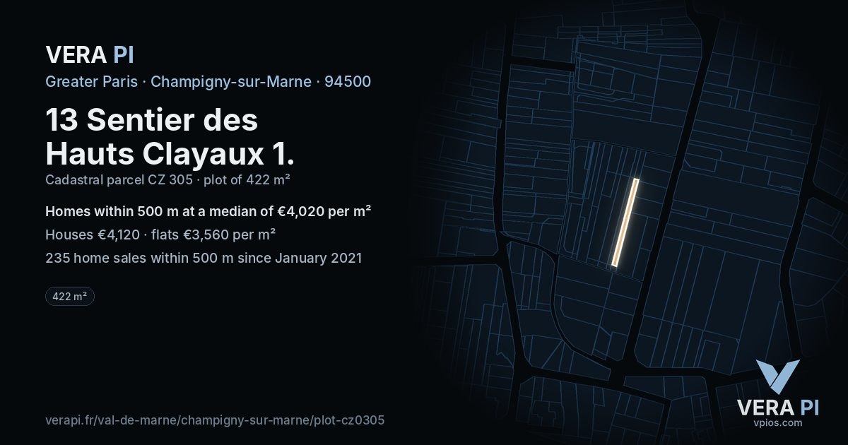13 Sentier des Hauts Clayaux 1, Champigny-sur-Marne at night – the plot lit, the parcels around coloured by the prices near them
