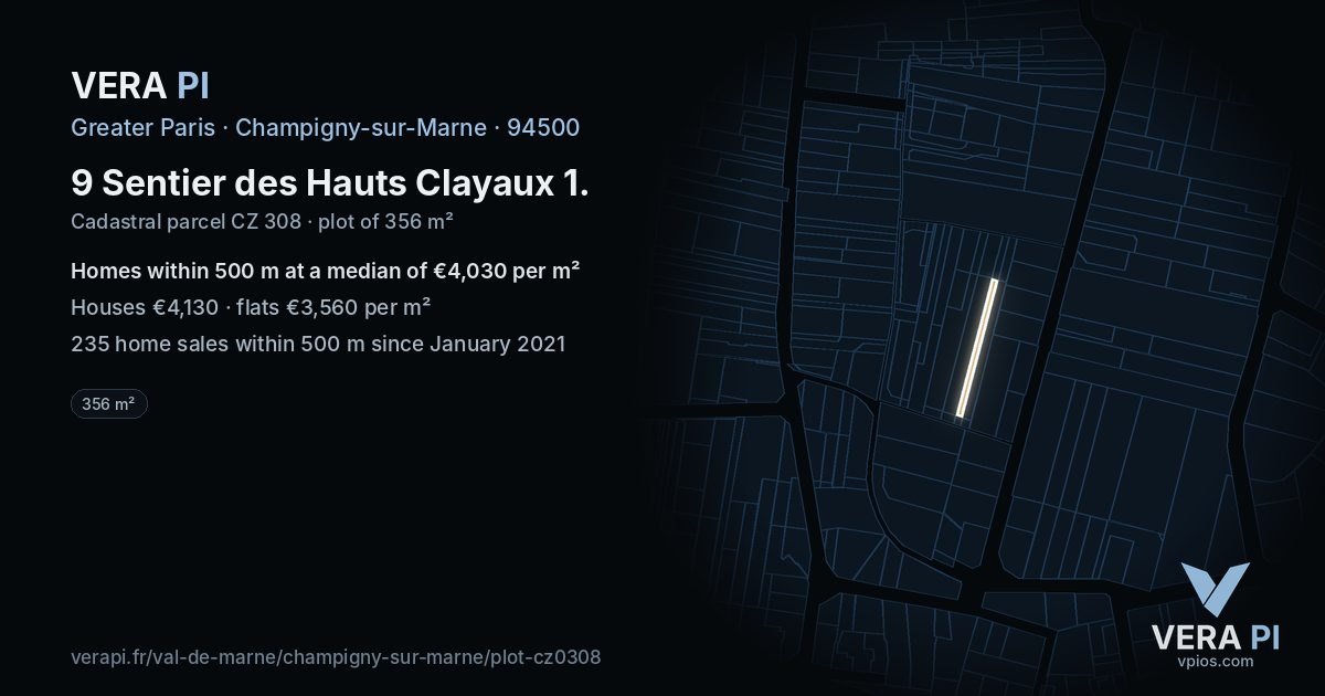 9 Sentier des Hauts Clayaux 1, Champigny-sur-Marne at night – the plot lit, the parcels around coloured by the prices near them