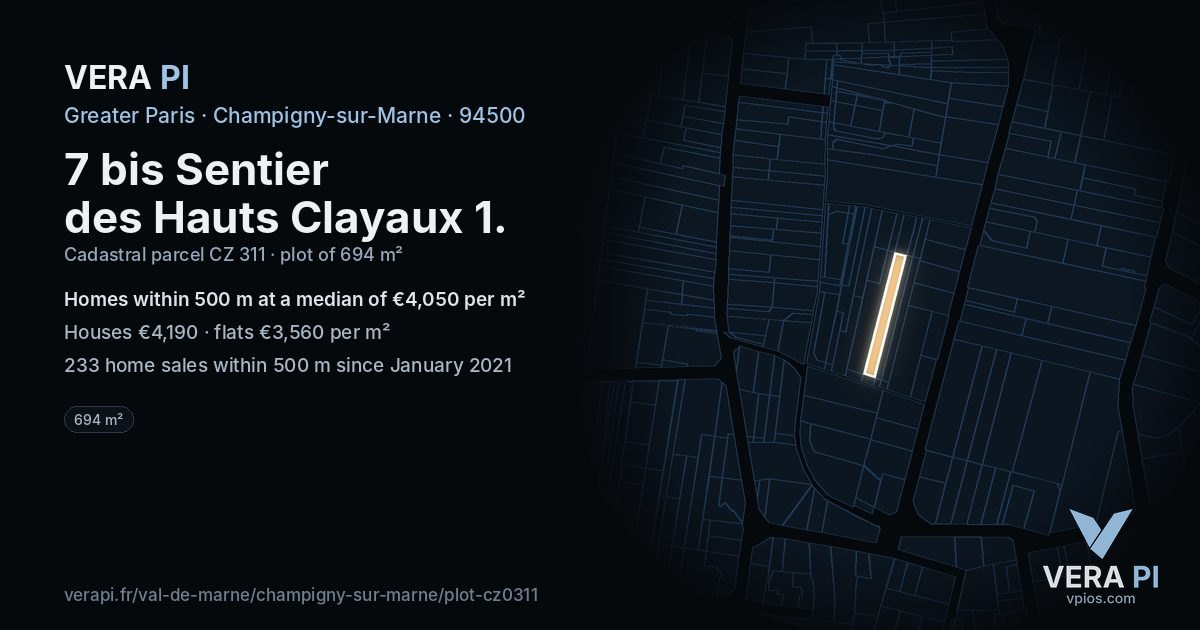 7 bis Sentier des Hauts Clayaux 1, Champigny-sur-Marne at night – the plot lit, the parcels around coloured by the prices near them