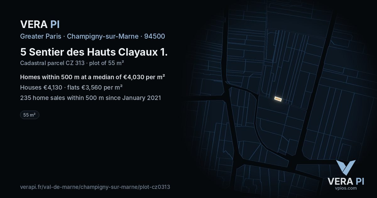 5 Sentier des Hauts Clayaux 1, Champigny-sur-Marne at night – the plot lit, the parcels around coloured by the prices near them