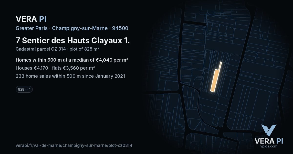 7 Sentier des Hauts Clayaux 1, Champigny-sur-Marne at night – the plot lit, the parcels around coloured by the prices near them