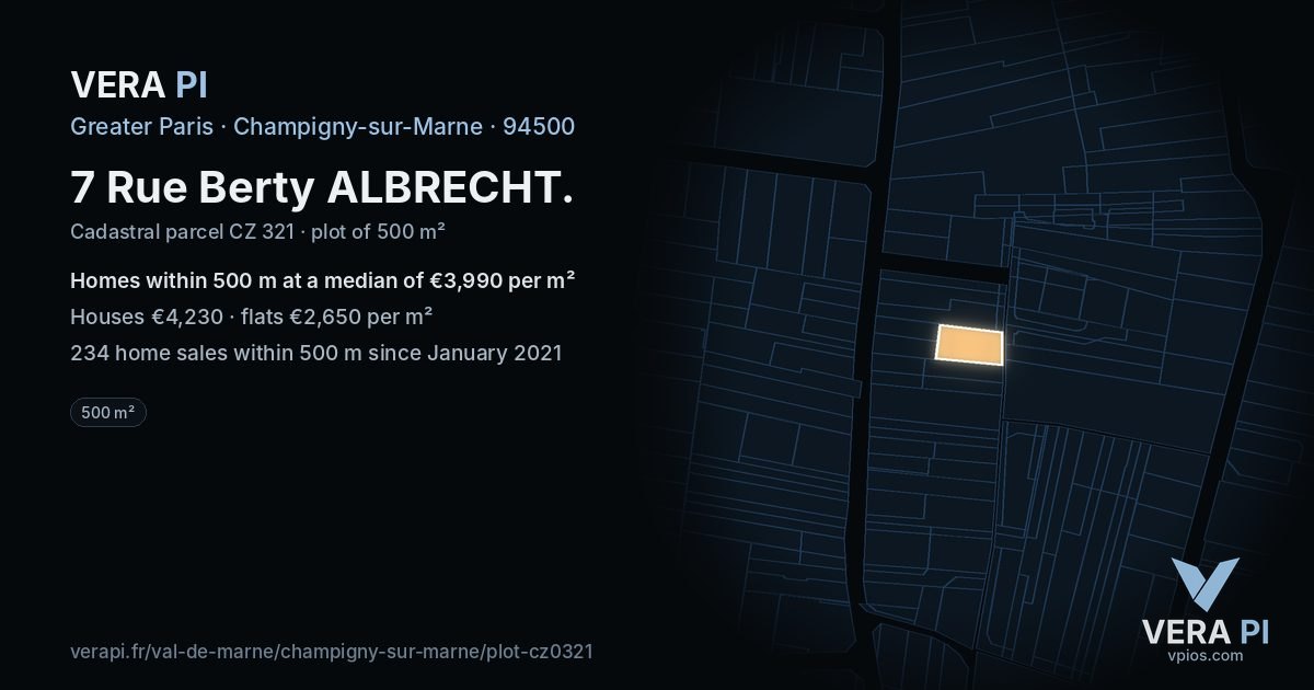 7 Rue Berty ALBRECHT, Champigny-sur-Marne at night – the plot lit, the parcels around coloured by the prices near them