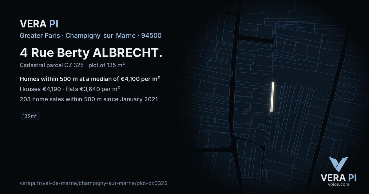 4 Rue Berty ALBRECHT, Champigny-sur-Marne at night – the plot lit, the parcels around coloured by the prices near them
