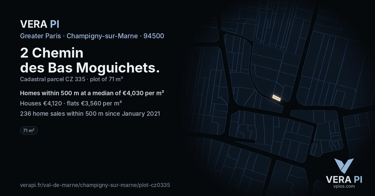 2 Chemin des Bas Moguichets, Champigny-sur-Marne at night – the plot lit, the parcels around coloured by the prices near them
