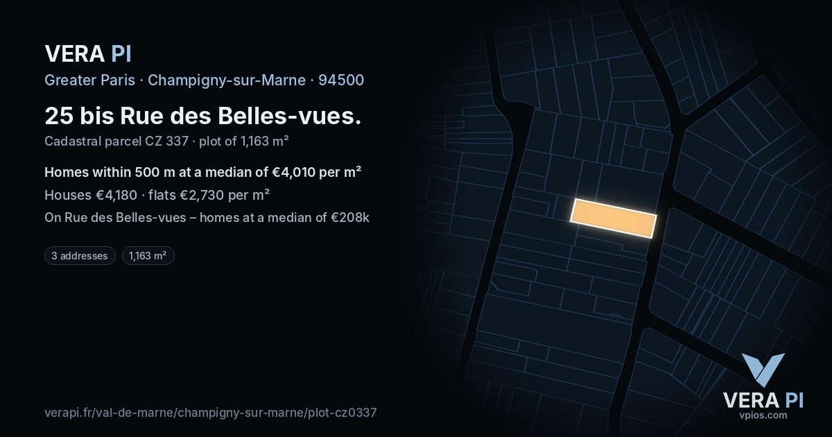 25 bis Rue des Belles-vues, Champigny-sur-Marne at night – the plot lit, the parcels around coloured by the prices near them