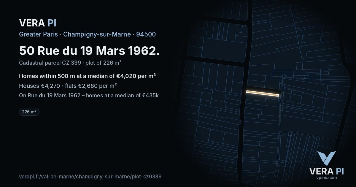 50 Rue du 19 Mars 1962, Champigny-sur-Marne at night – the plot lit, the parcels around coloured by the prices near them