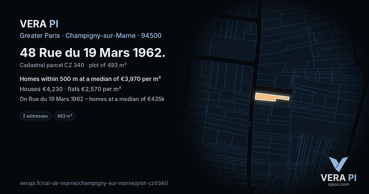 48 Rue du 19 Mars 1962, Champigny-sur-Marne at night – the plot lit, the parcels around coloured by the prices near them