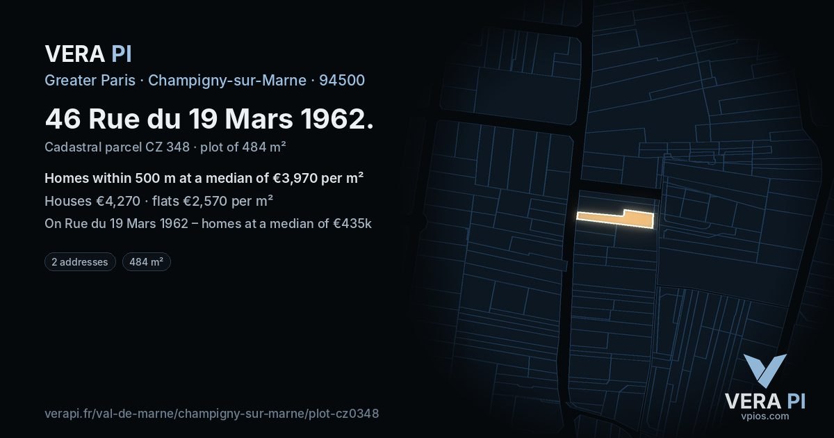 46 Rue du 19 Mars 1962, Champigny-sur-Marne at night – the plot lit, the parcels around coloured by the prices near them