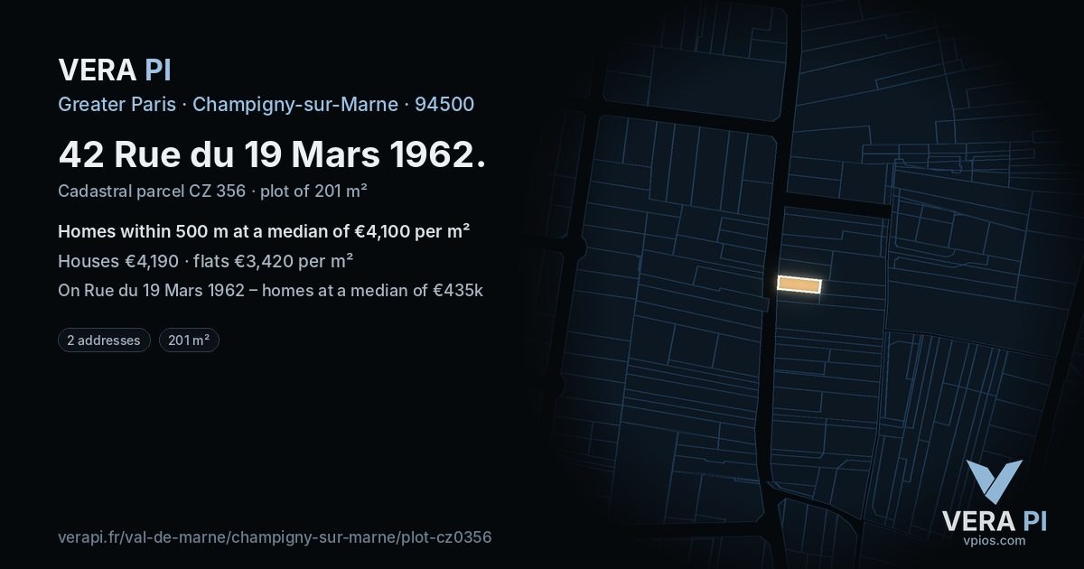 42 Rue du 19 Mars 1962, Champigny-sur-Marne at night – the plot lit, the parcels around coloured by the prices near them