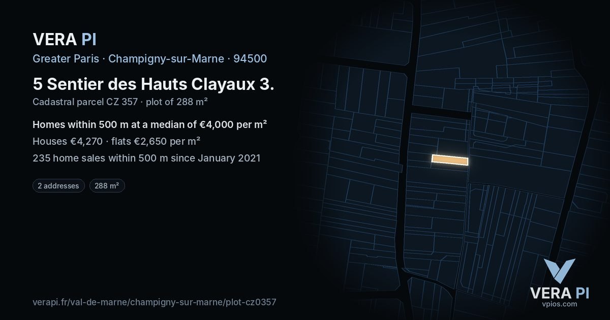 5 Sentier des Hauts Clayaux 3, Champigny-sur-Marne at night – the plot lit, the parcels around coloured by the prices near them