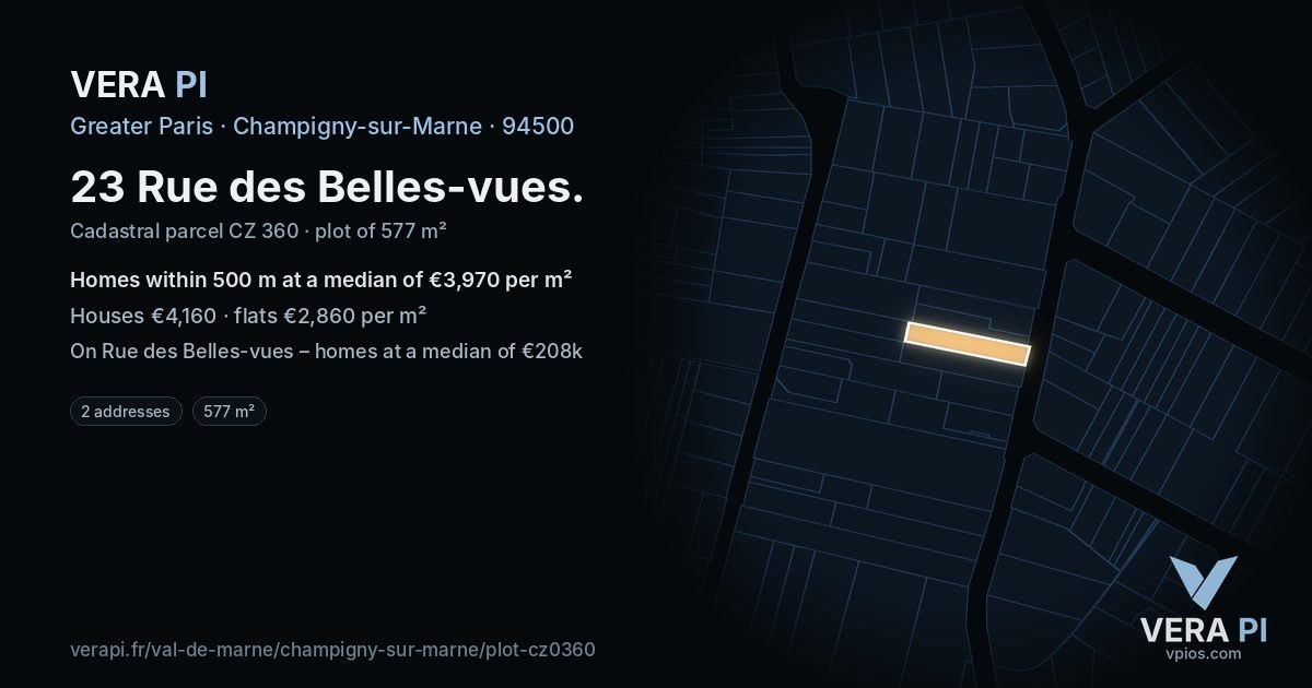 23 Rue des Belles-vues, Champigny-sur-Marne at night – the plot lit, the parcels around coloured by the prices near them
