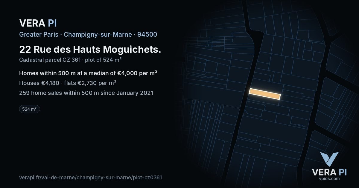 22 Rue des Hauts Moguichets, Champigny-sur-Marne at night – the plot lit, the parcels around coloured by the prices near them