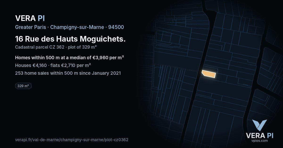 16 Rue des Hauts Moguichets, Champigny-sur-Marne at night – the plot lit, the parcels around coloured by the prices near them