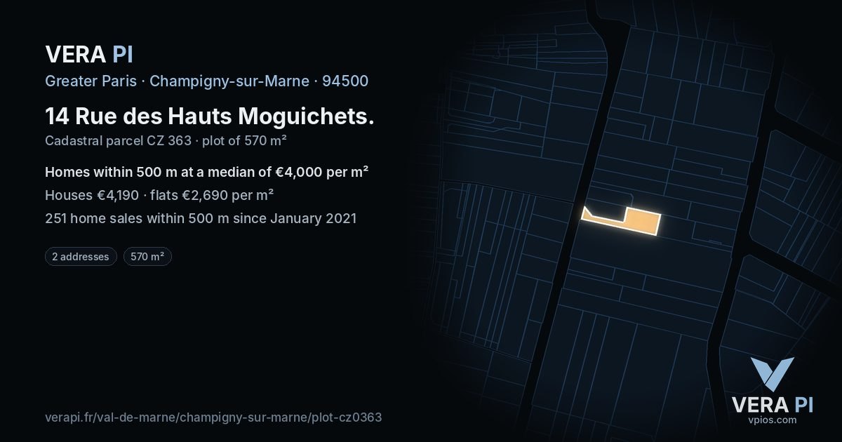 14 Rue des Hauts Moguichets, Champigny-sur-Marne at night – the plot lit, the parcels around coloured by the prices near them