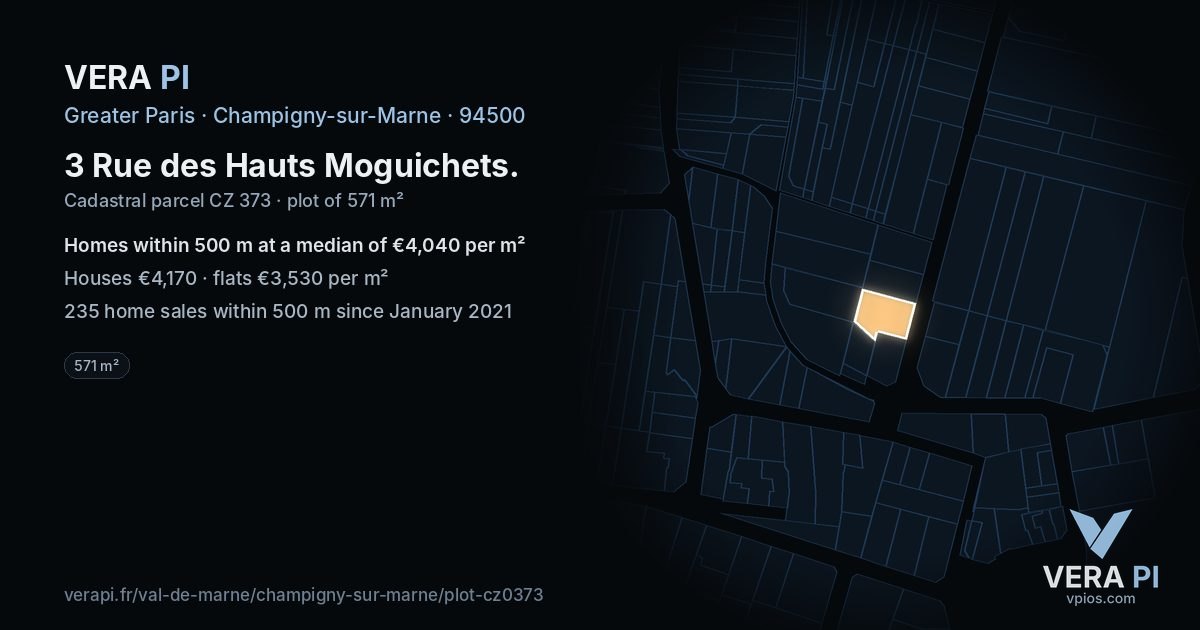 3 Rue des Hauts Moguichets, Champigny-sur-Marne at night – the plot lit, the parcels around coloured by the prices near them