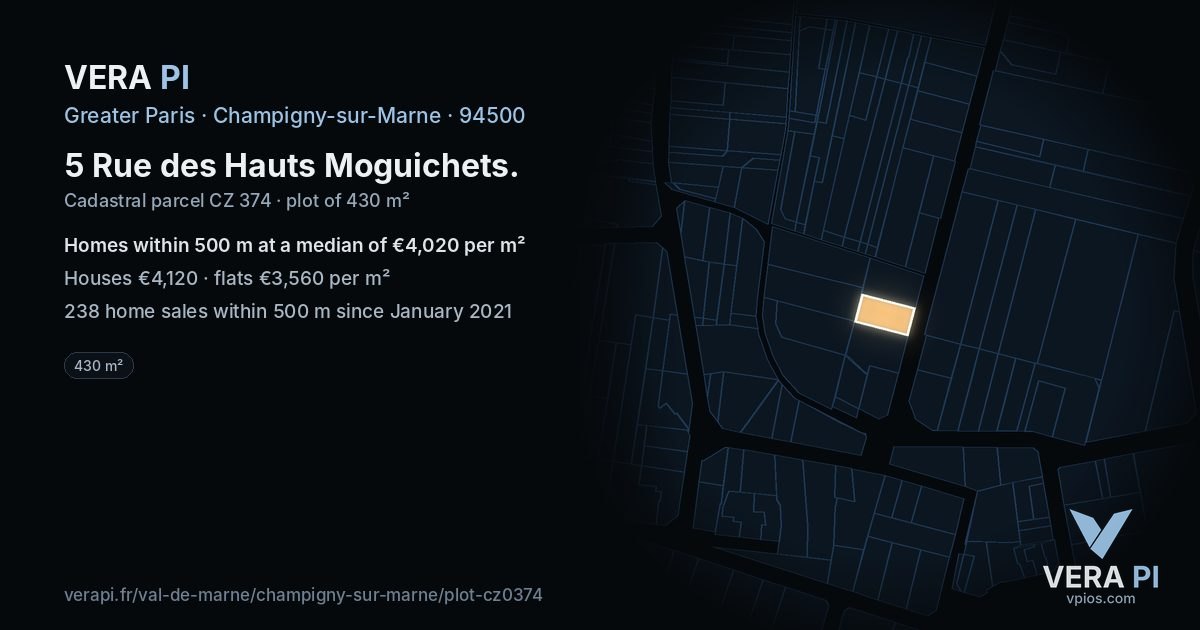 5 Rue des Hauts Moguichets, Champigny-sur-Marne at night – the plot lit, the parcels around coloured by the prices near them