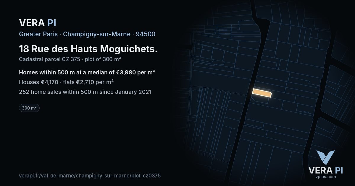 18 Rue des Hauts Moguichets, Champigny-sur-Marne at night – the plot lit, the parcels around coloured by the prices near them