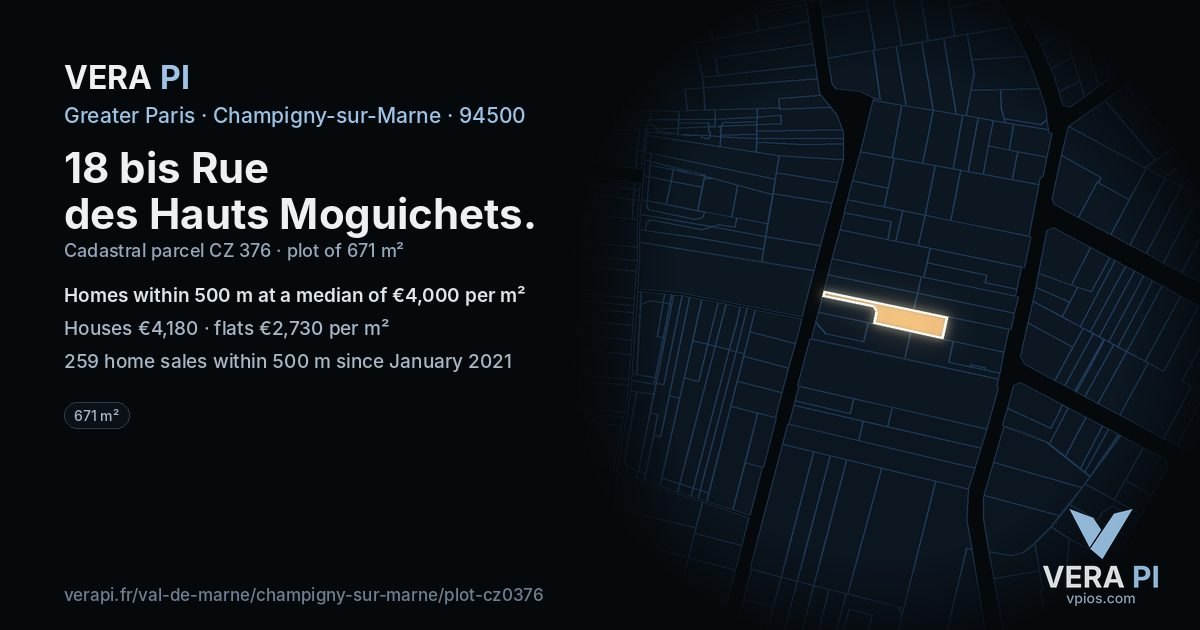 18 bis Rue des Hauts Moguichets, Champigny-sur-Marne at night – the plot lit, the parcels around coloured by the prices near them