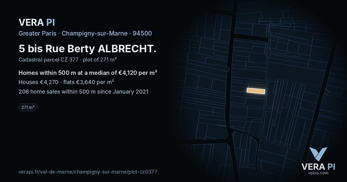 5 bis Rue Berty ALBRECHT, Champigny-sur-Marne at night – the plot lit, the parcels around coloured by the prices near them