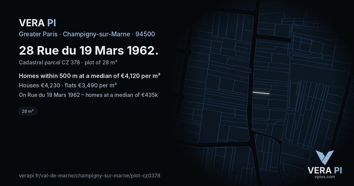 28 Rue du 19 Mars 1962, Champigny-sur-Marne at night – the plot lit, the parcels around coloured by the prices near them