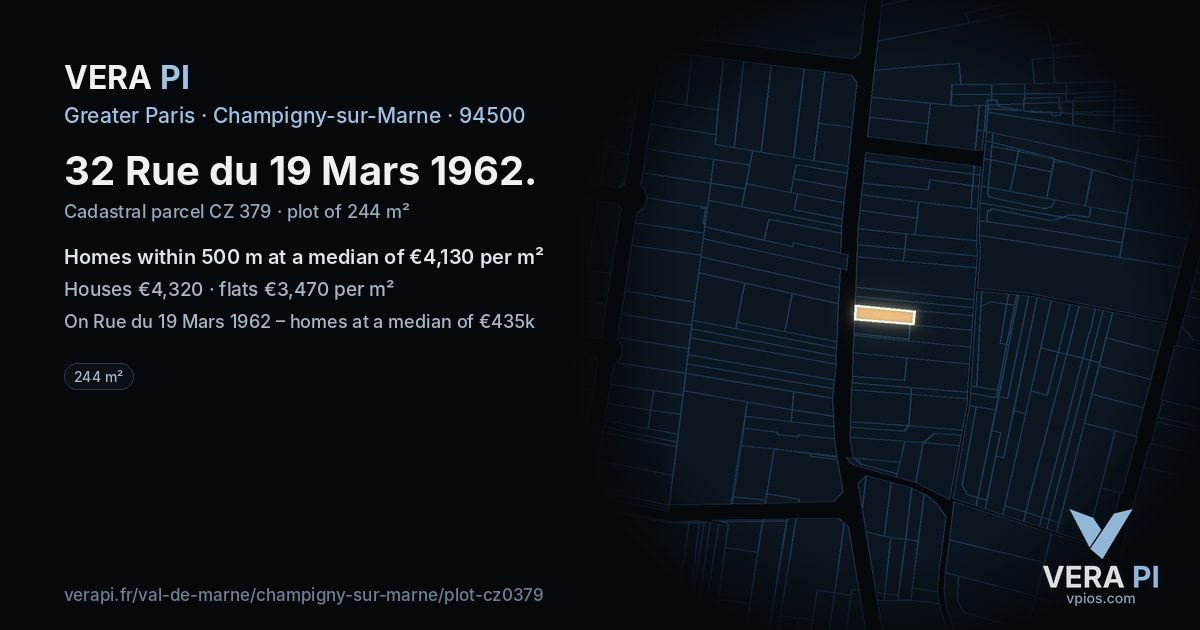 32 Rue du 19 Mars 1962, Champigny-sur-Marne at night – the plot lit, the parcels around coloured by the prices near them