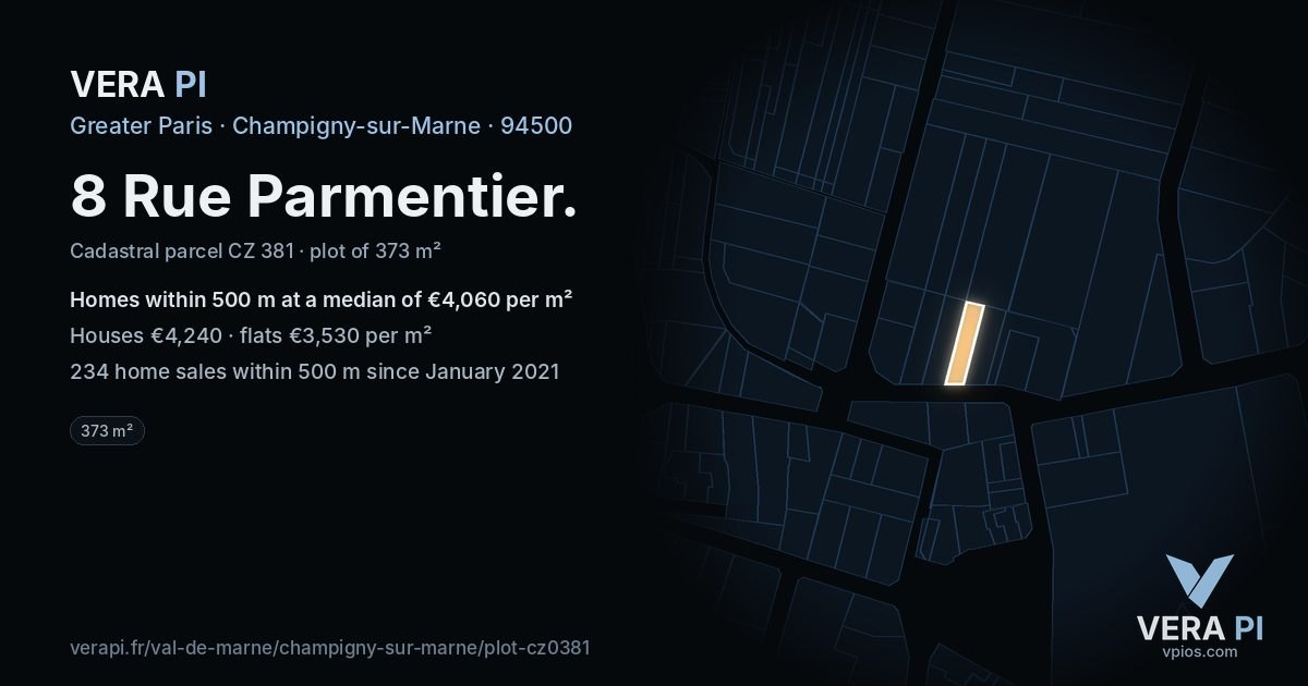 8 Rue Parmentier, Champigny-sur-Marne at night – the plot lit, the parcels around coloured by the prices near them