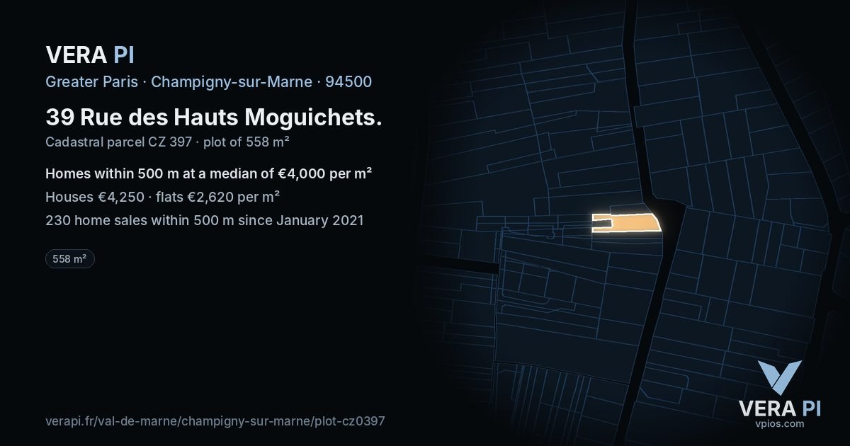 39 Rue des Hauts Moguichets, Champigny-sur-Marne at night – the plot lit, the parcels around coloured by the prices near them